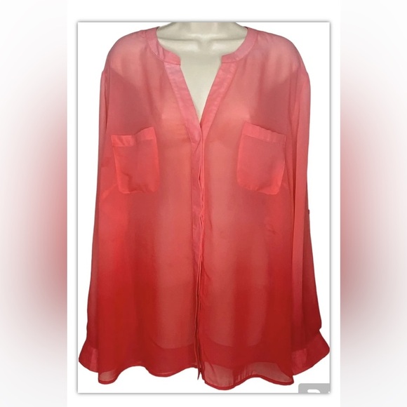 Covington Essentials Semi-Sheer Blouse Coral 3X Button Down Pockets Long Sleeves - Picture 1 of 16